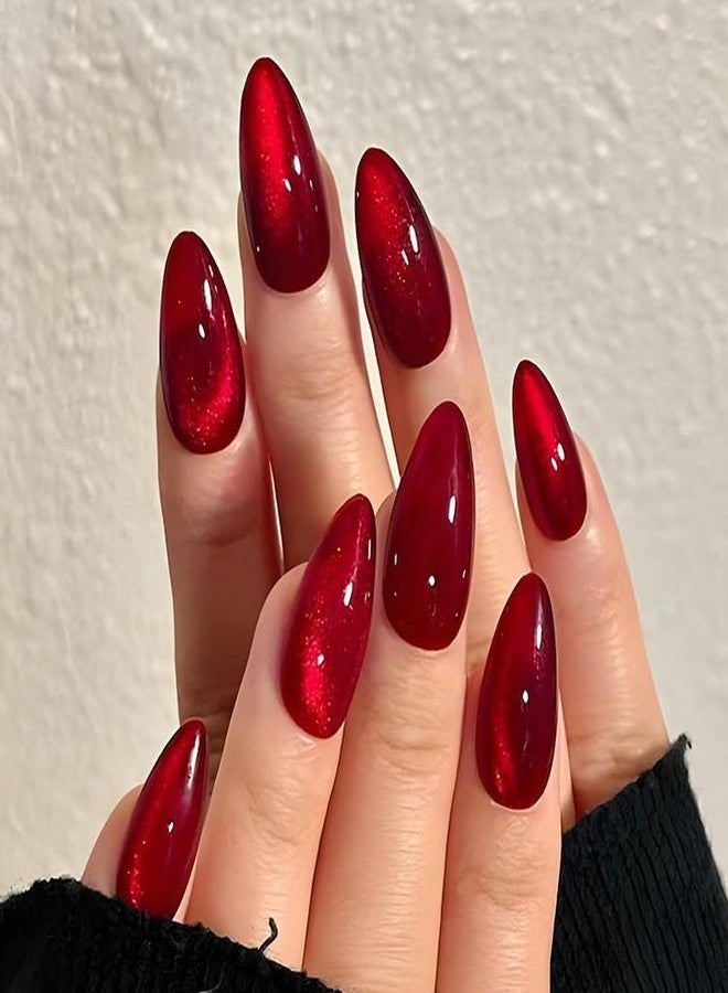 TOGZOM Red Almond Press on Cat Eye Acrylic Nails Medium Solid Red Color Fake Reusable Glossy Artificial Ombre Glue on for Women Girls Daily Wear Manicure 24Pcs - Image 1